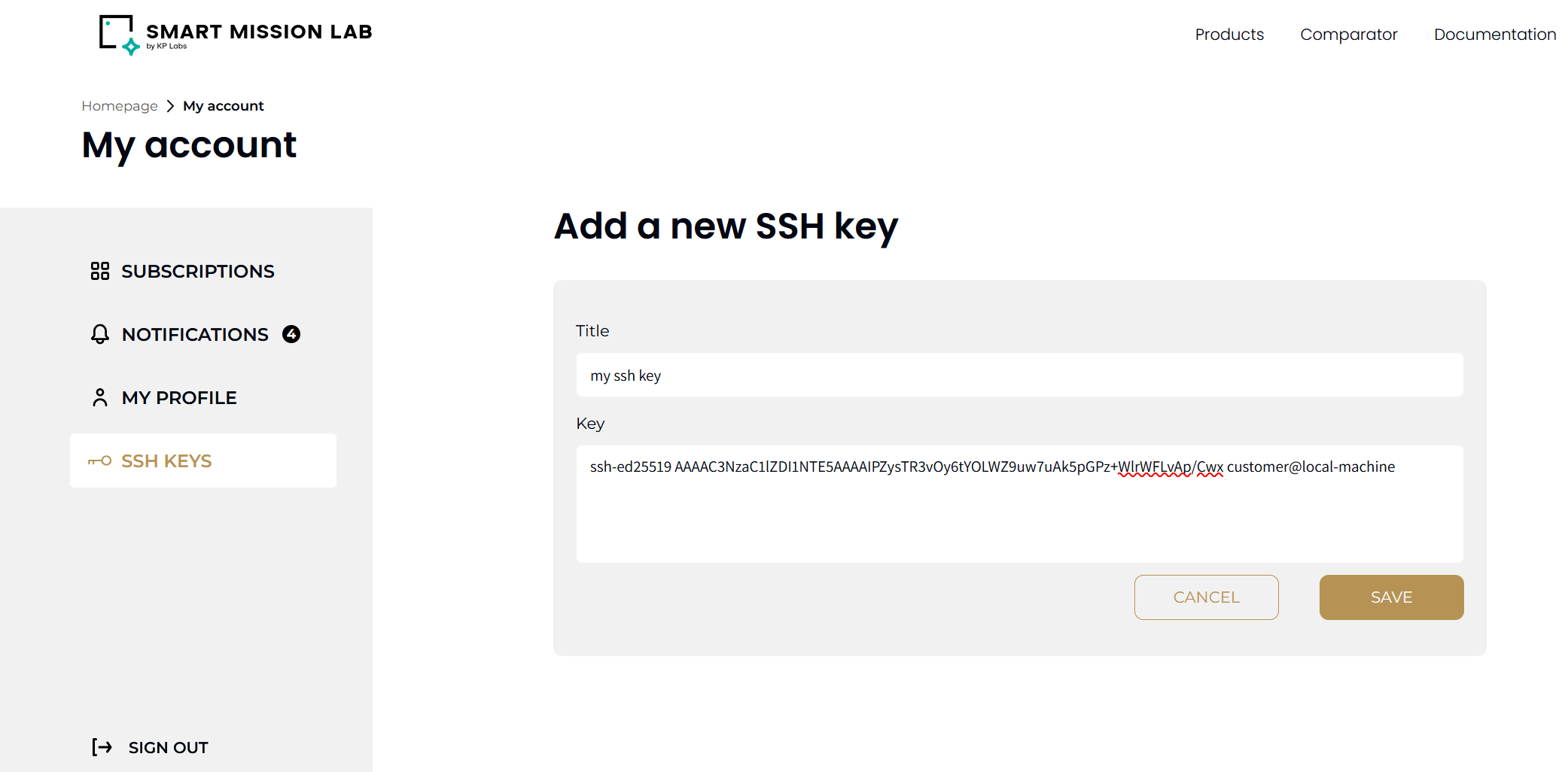 Adding SSH key in User Panel